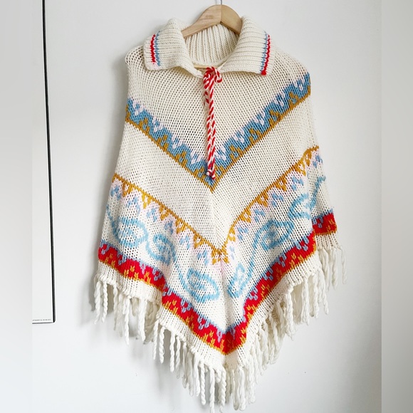 Vintage Colourful Patterned Collared Poncho - One Size - Picture 1 of 7